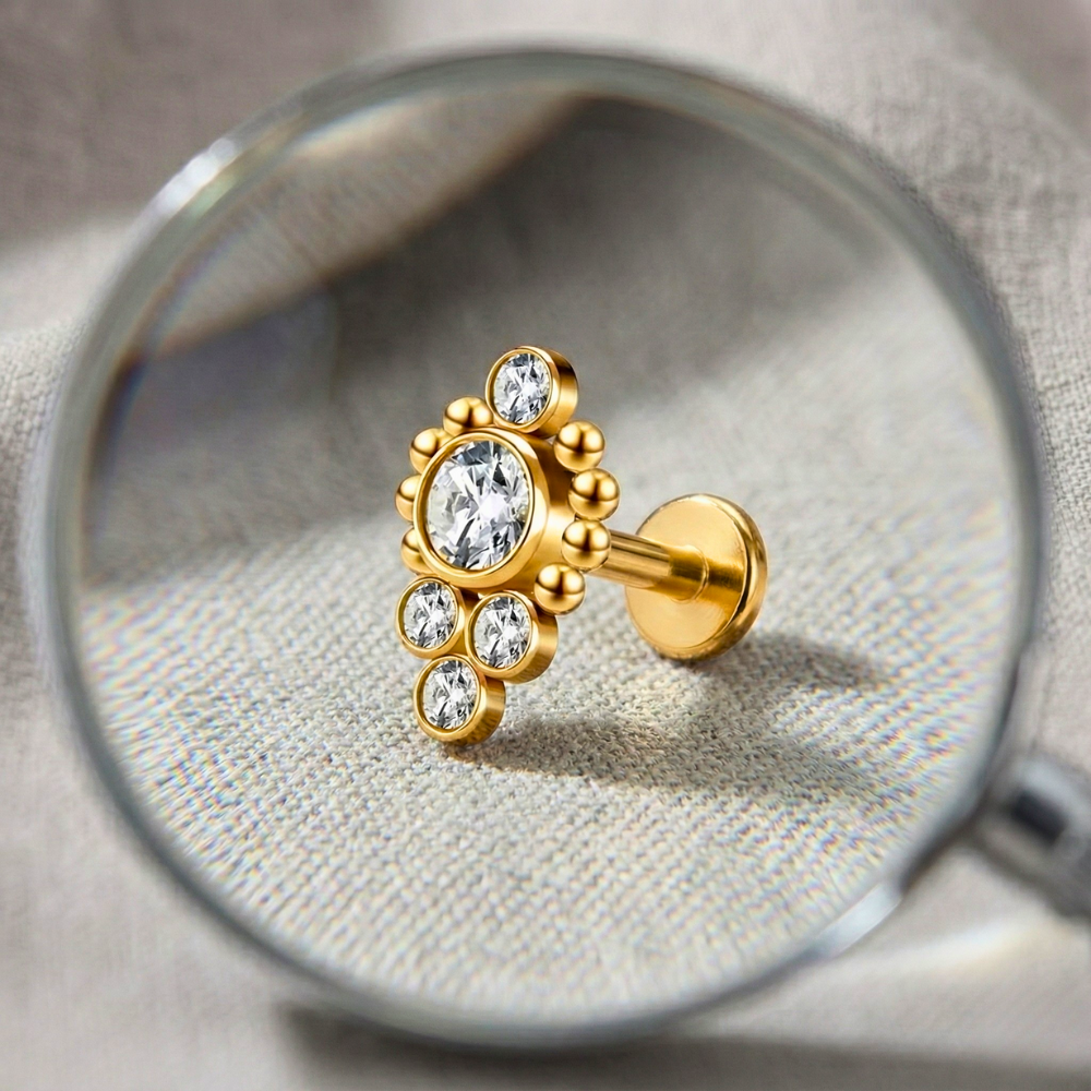 Titanový dekorativní labret - kaskáda se zirkony a kuličkami