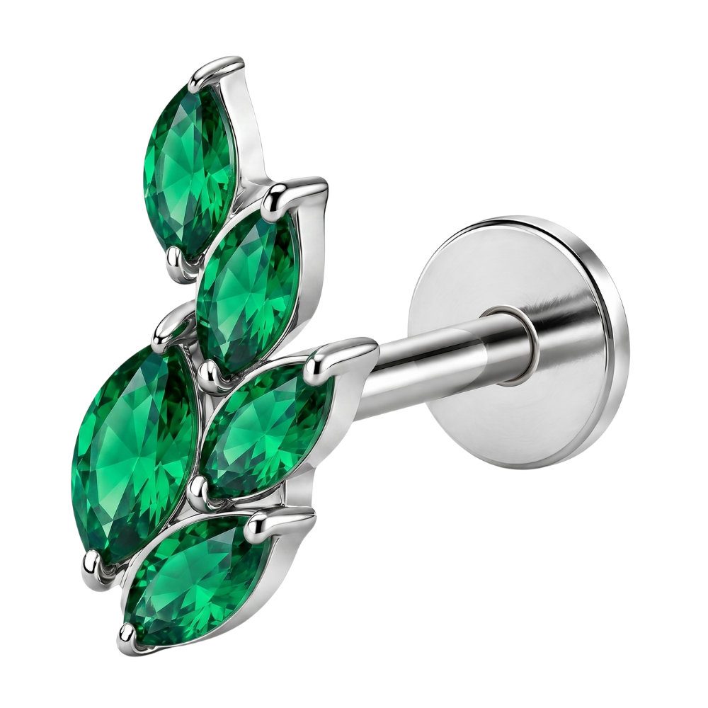 Labret Ozdobny Lisc 5 Cyrkonii zielony