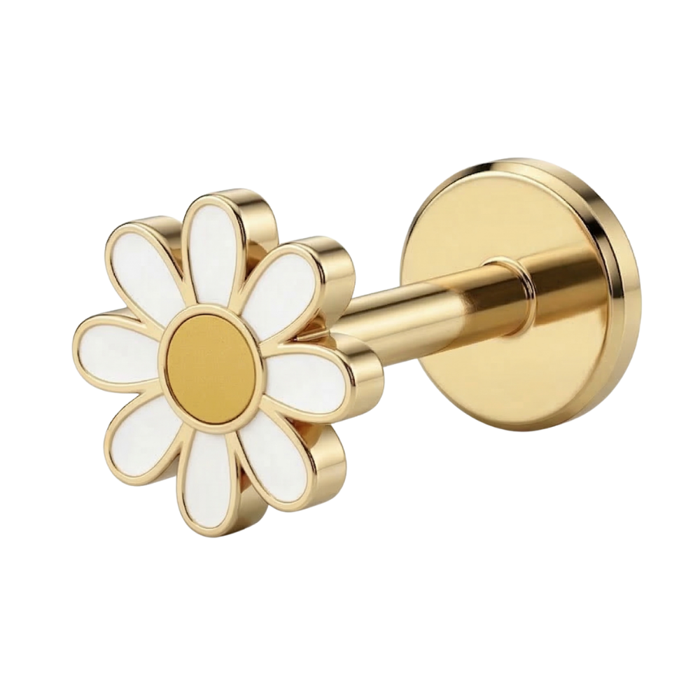 Gold Titanium Decorative Labret - Flower with White Petals